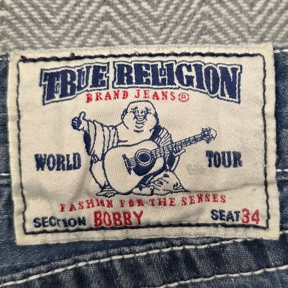 True Religion Bobby Mens Jeans 38x29 Blue Big T Stitch‎ Straight Leg Made in USA